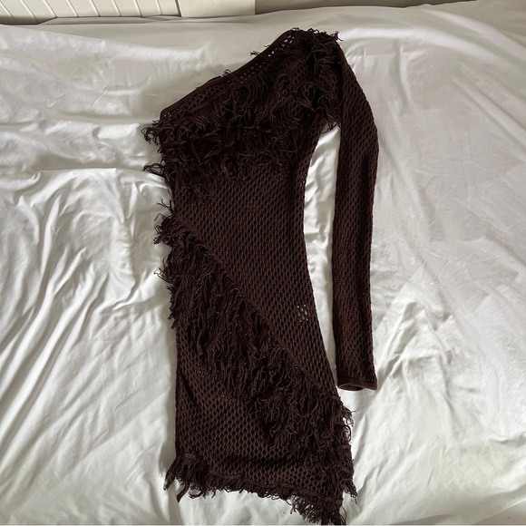 Tularosa Brown Knit One Shoulder Fringe Mini Dress Revolve Boho Festival XS - Picture 3 of 11